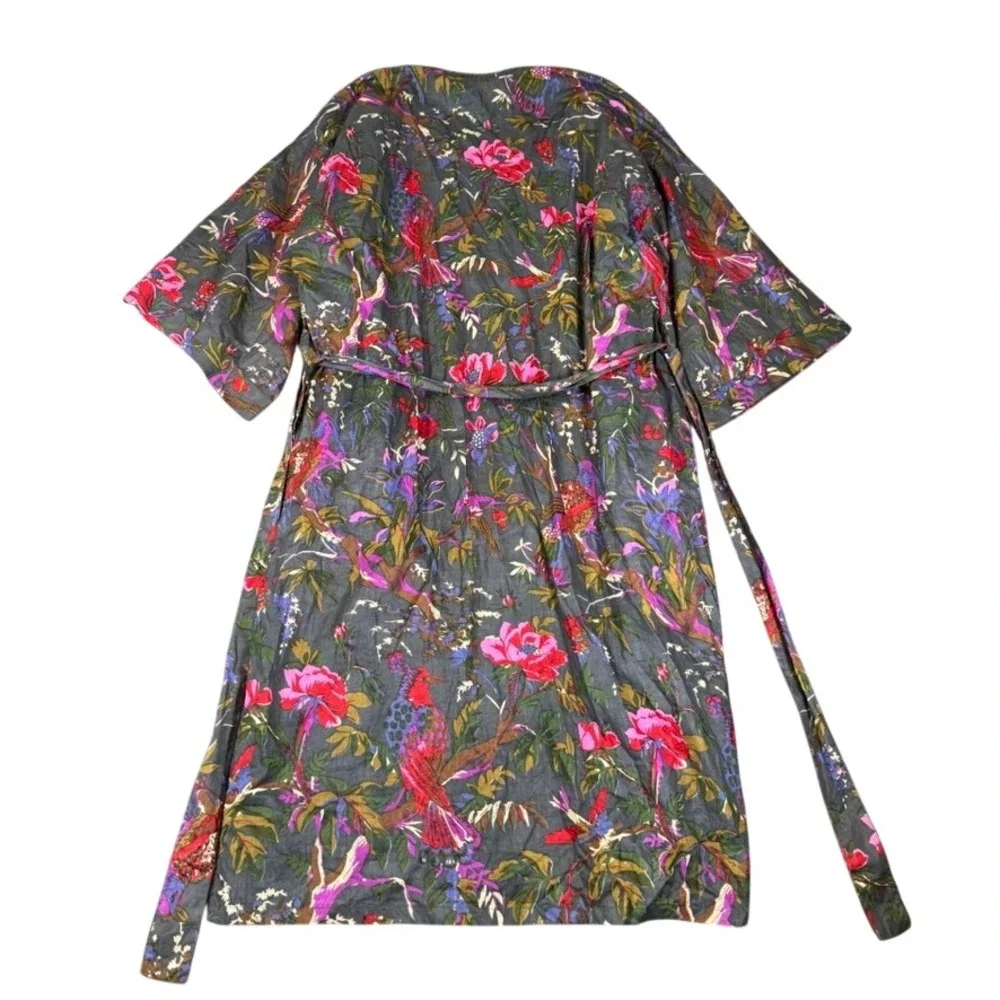 Sevya Handmade Floral Bird Print Cotton Robe Duster Gray Pink One Size Long